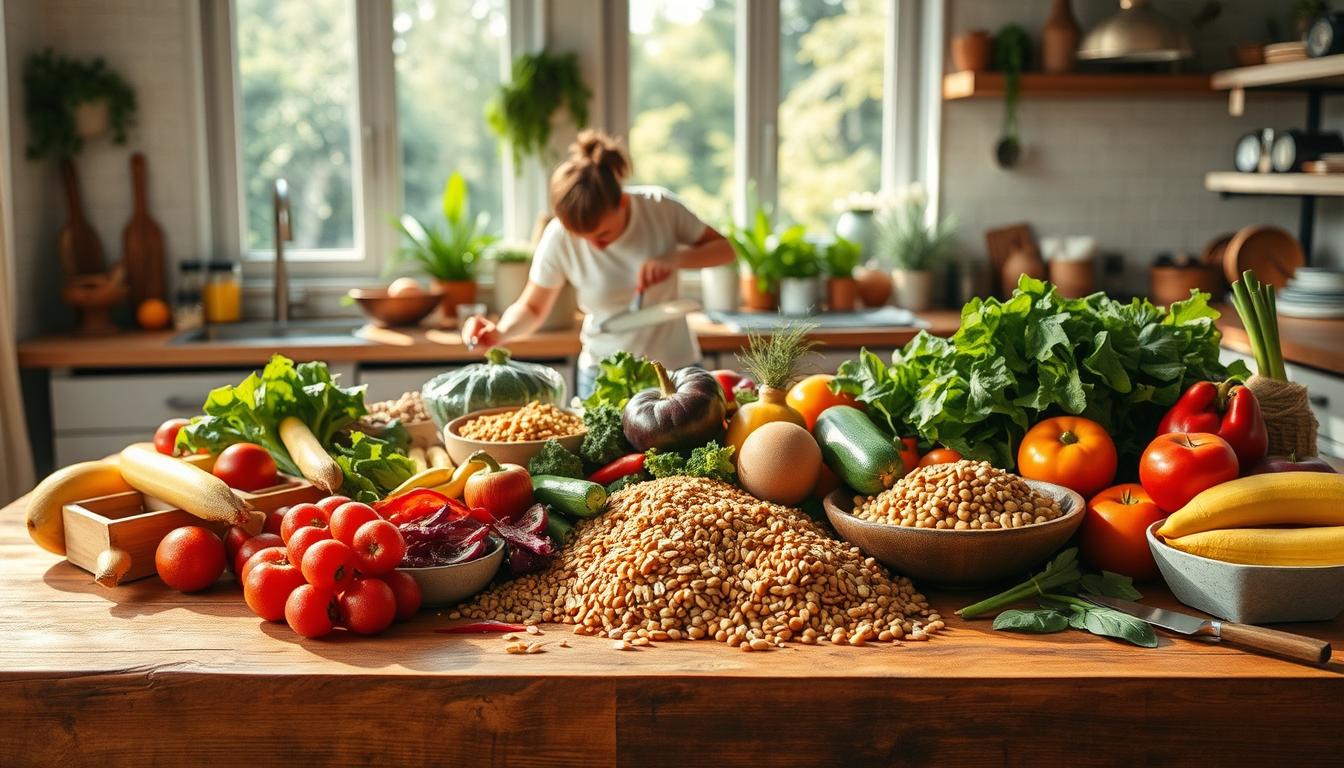 A vibrant, well-lit kitchen scene with a large wooden table in the foreground. On the table, an assortment of fresh, colorful produce - leafy greens, crisp vegetables, ripe fruits, and a variety of whole grains and legumes. In the middle ground, a person chopping ingredients with a sharp knife, their movements fluid and focused. Sunlight streams in through large windows, casting a warm, natural glow over the scene. The atmosphere is one of mindfulness, productivity, and a commitment to nourishing, wholesome eating. The overall impression is one of a harmonious, sustainable healthy eating routine.