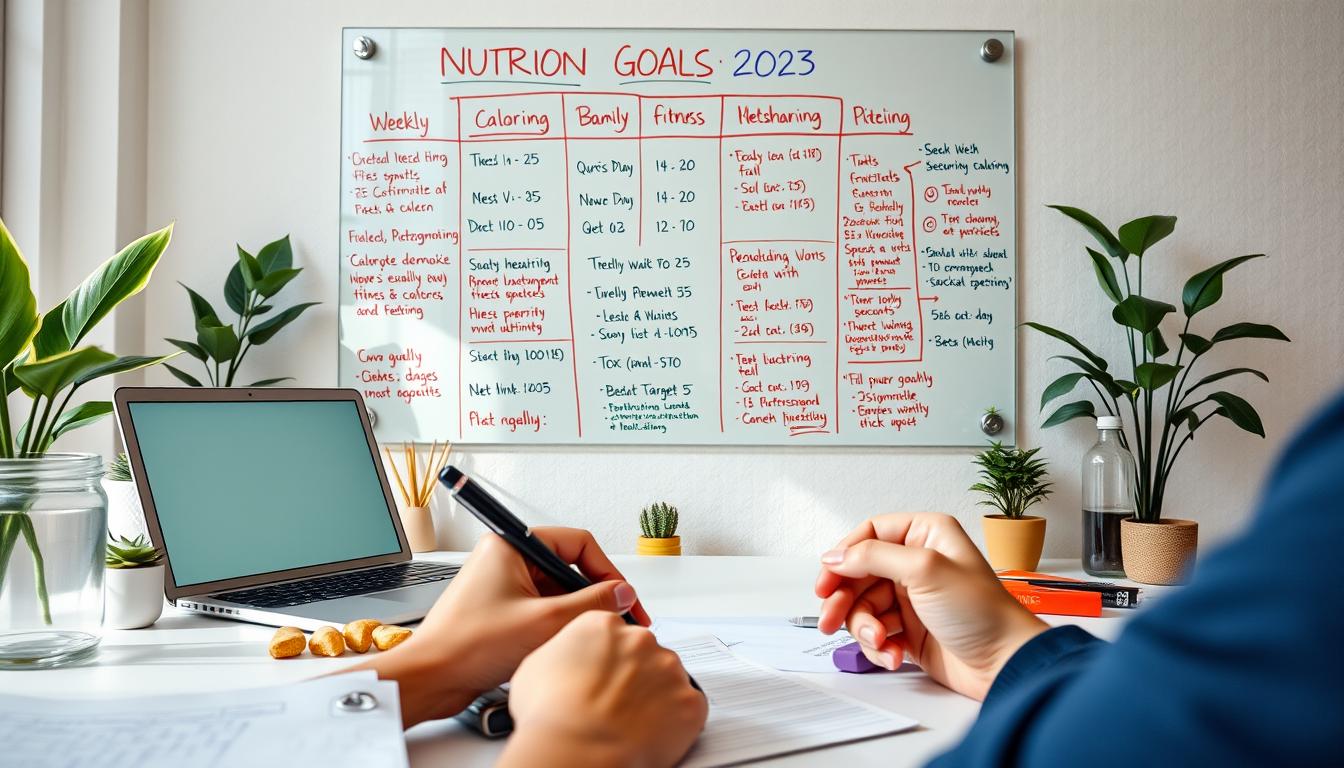 Detailed blueprint for a person's "Nutrition Goals Planning" session. A well-lit home office setup with a desk, laptop, and a clear glass whiteboard on the wall displaying weekly meal plans, calorie counts, and fitness targets in vivid colors and legible handwriting. In the foreground, a person's hands holding a pen, meticulously jotting down notes. Potted plants, healthy snacks, and a water bottle create a serene, wellness-focused atmosphere. The scene conveys a sense of focus, organization, and a thoughtful approach to achieving sustainable nutrition and fitness objectives.