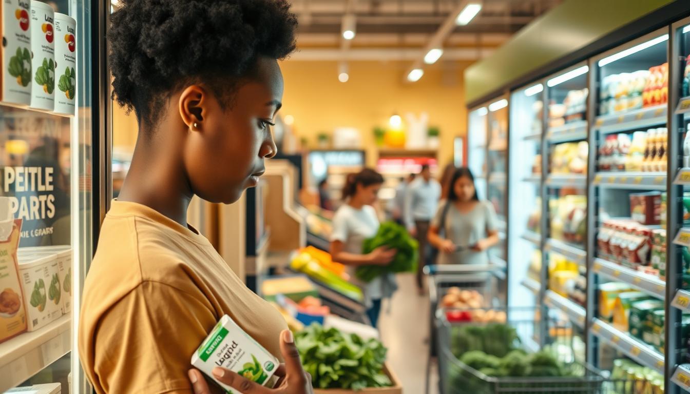A brightly lit supermarket aisle, with shelves stocked with a vibrant array of fresh produce, whole grains, lean proteins, and nutrient-dense superfoods. In the foreground, a person thoughtfully examines the labels on a carton of organic yogurt, their face illuminated by the soft glow of the refrigerated display. The middle ground features a customer carefully selecting a bundle of crisp kale, while in the background, other shoppers navigate the aisles, filling their carts with wholesome, sustainably-sourced ingredients. The scene is bathed in warm, natural lighting, conveying a sense of health, mindfulness, and a commitment to nourishing one's body with high-quality, nutritious foods.