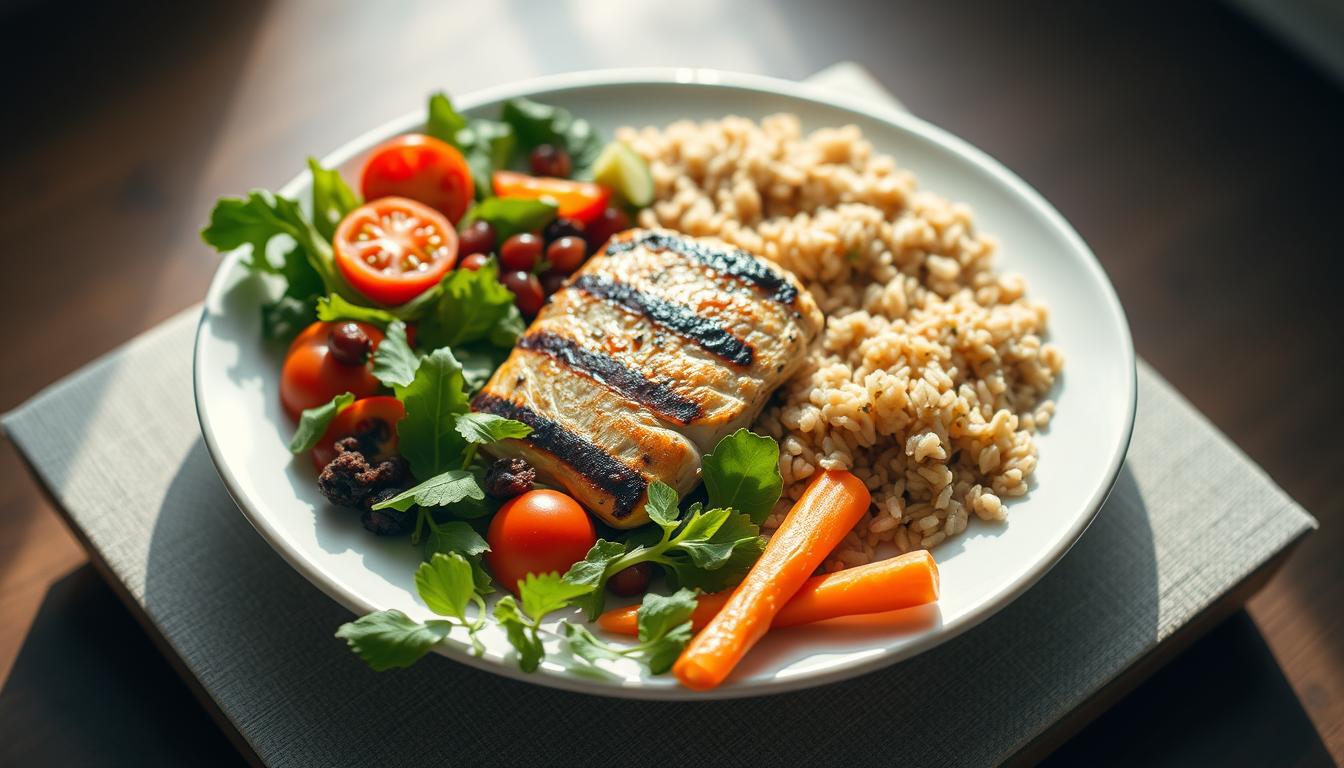 A beautifully arranged, visually balanced plate showcasing the key elements of a healthy, sustainable meal. In the foreground, an array of fresh, vibrant vegetables - crisp greens, juicy tomatoes, and vibrant carrots - artfully positioned. In the middle, a lean protein source, perhaps grilled chicken or baked fish, seared to perfection. Surrounding the protein, a hearty serving of whole grains, such as quinoa or brown rice, adding texture and substance. The composition is enhanced by natural lighting, creating warmth and depth, captured through a slightly elevated, angled camera lens. The overall atmosphere is one of simplicity, nourishment, and harmony - a visual representation of a well-designed, balanced meal framework.