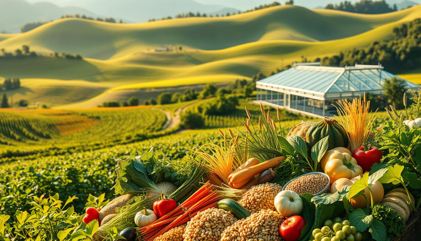 A lush, verdant landscape with rolling hills, a vibrant sun-drenched field of diverse crops, and a modern, energy-efficient greenhouse nestled in the background. In the foreground, a diverse array of fresh, colorful produce - vegetables, fruits, grains, and legumes - arranged artfully, conveying the principles of a sustainable, nutrient-dense diet. Warm, golden lighting illuminates the scene, highlighting the natural textures and hues. The overall composition exudes a sense of harmony, balance, and a deep connection to the earth, reflecting the science-based principles of sustainable nutrition.