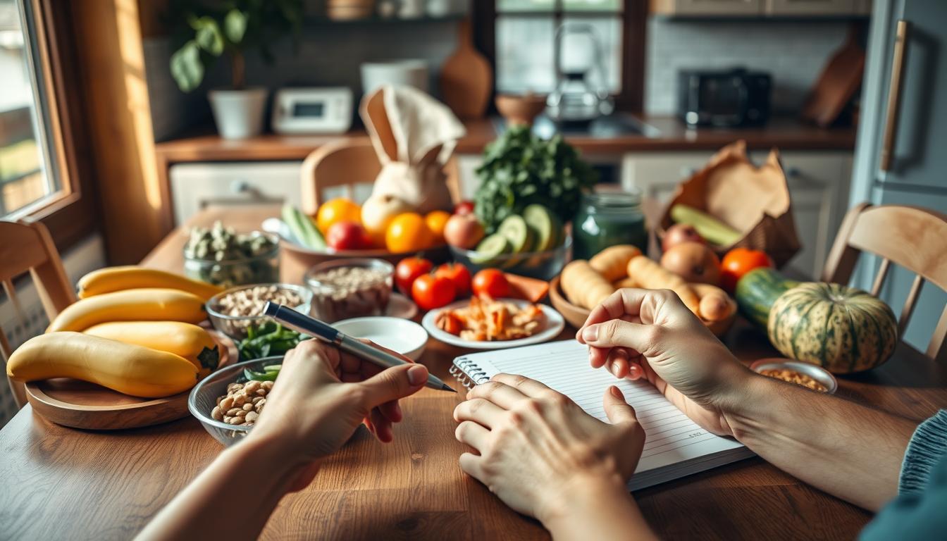 A cozy kitchen table set with an assortment of healthy foods and a notebook for recording eating patterns. On the table, a variety of fruits, vegetables, whole grains, and lean proteins, all neatly arranged. Warm, natural lighting filters in through a nearby window, casting a soft glow on the scene. In the foreground, a person's hands are holding a pen, poised to jot down notes about their daily eating habits. The overall atmosphere conveys a sense of thoughtfulness and mindfulness as the individual examines their current eating patterns.