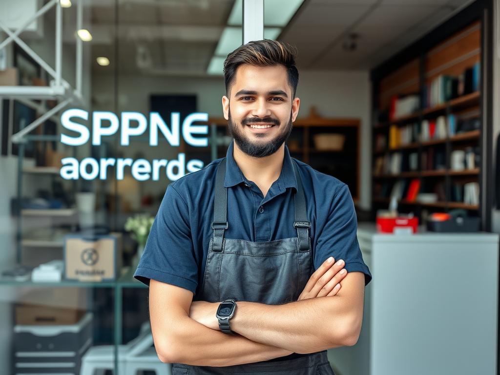 Técnico bem-sucedido em frente à sua loja de conserto de celular em Nova Iguaçu