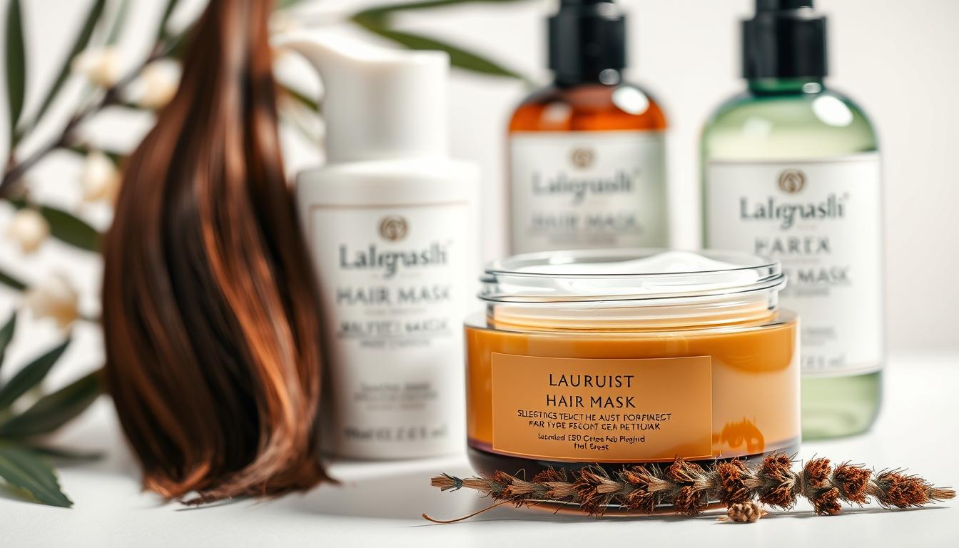 A close-up, high-resolution photograph of various hair care products, including a luxurious hair mask, arranged on a clean, white background. The products are displayed in an aesthetically pleasing manner, with careful attention to lighting and composition. The lighting is soft and even, creating a warm, inviting atmosphere. The camera angle is slightly elevated, providing a clear, unobstructed view of the products. The focus is sharp, highlighting the intricate details and textures of the hair mask and other items. The overall scene conveys a sense of quality, professionalism, and the importance of selecting the right hair care products for one's specific hair type.