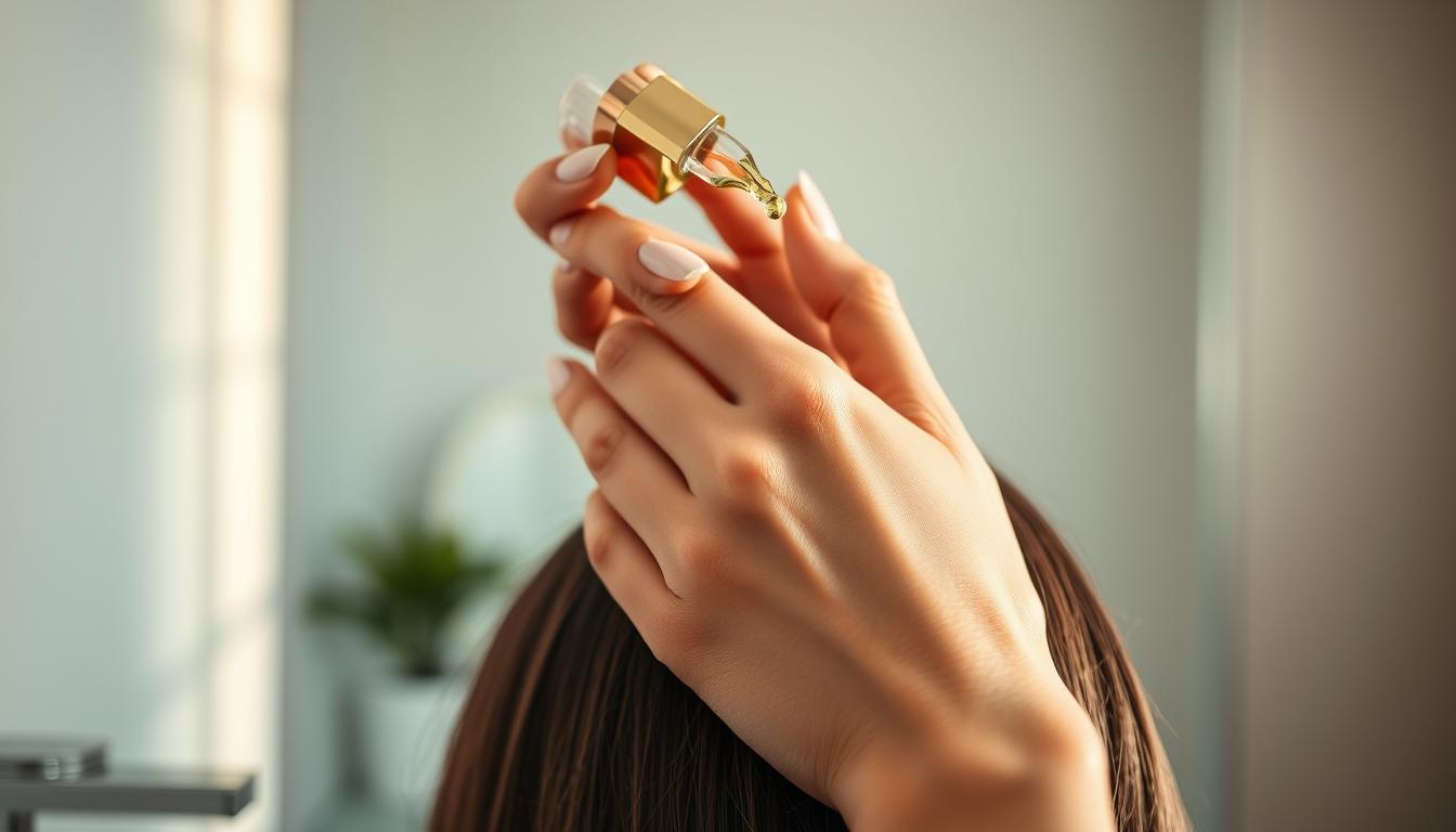 A close-up shot of a woman's hand gently applying a few drops of a luxurious, golden hair serum onto the scalp, with a blurred background showcasing a serene, minimalist bathroom setting. Soft, directional lighting illuminates the scene, creating a warm, inviting atmosphere. The serum bottle features the "Luxe US Hair Growth Serum" branding, prominently displayed. The model's fingers delicately massage the serum into the hair, demonstrating the precise application technique. The image conveys a sense of self-care, indulgence, and the promise of healthier, more vibrant hair.