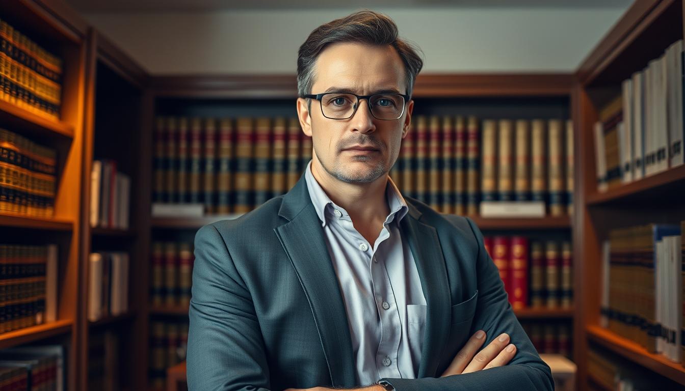 An experienced local product injury lawyer standing confidently in their office, surrounded by bookshelves and legal documents. Warm, directional lighting illuminates their determined expression as they lean forward, ready to advocate passionately for their client's rights. The scene conveys a sense of expertise, professionalism, and a commitment to obtaining justice for victims of defective or dangerous products.