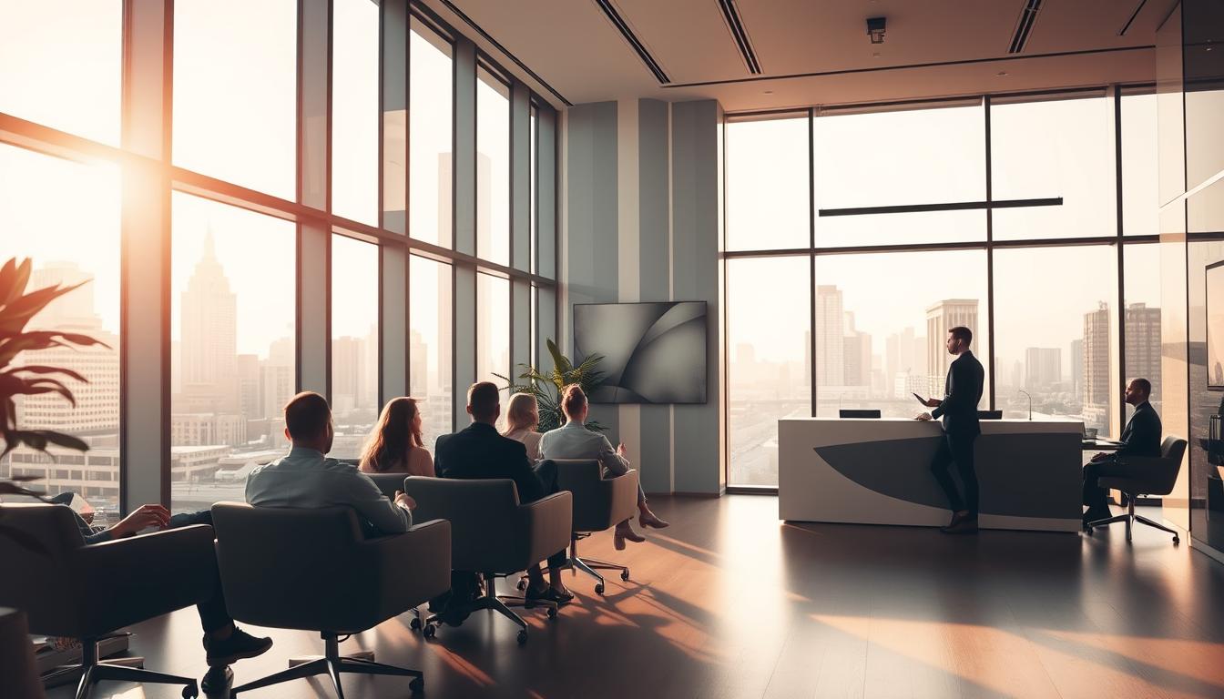 A modern law office with floor-to-ceiling windows, reflecting the afternoon sun. The foreground features a group of people seated in comfortable chairs, discussing legal matters. In the middle ground, a receptionist greets visitors at a sleek, minimalist desk. The background showcases the cityscape outside, with skyscrapers and bustling streets, conveying a sense of urban professionalism. Soft, warm lighting creates a welcoming atmosphere, and the overall scene exudes an air of expertise and accessibility, catering to those seeking qualified accident lawyers.