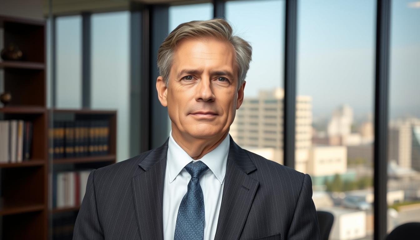 Prompt A well-dressed, authoritative-looking middle-aged man, wearing a suit and tie, stands confidently in a modern, glass-walled law office. The lighting is bright and professional, with a mix of natural and artificial sources. Behind him, a bookshelf and a large window offer a view of the Bakersfield cityscape. The man's expression is serious yet approachable, conveying his expertise and dedication to assisting clients with product injury cases. The overall atmosphere is one of competence, professionalism, and a commitment to providing effective legal representation.