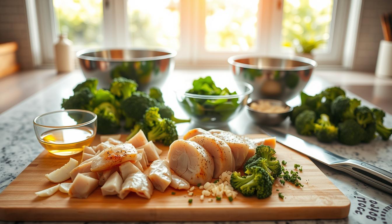Preparing ingredients for Grilled Chicken & Broccoli Bowls