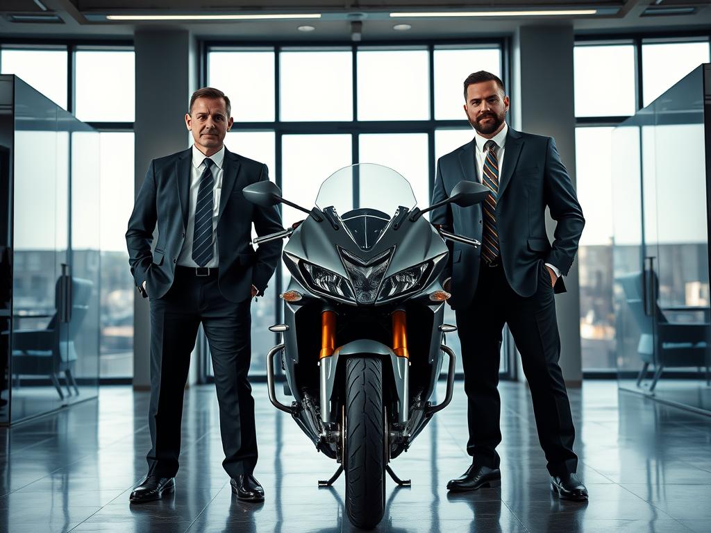 A well-lit, dramatic scene depicting three experienced motorcycle accident attorneys in a modern law office setting. The foreground shows the attorneys, dressed in professional attire, standing confidently and exuding an air of expertise. The middle ground features a sleek, high-end motorcycle, alluding to their specialty in handling motorcycle crash cases. The background showcases floor-to-ceiling windows, providing a sense of natural lighting and creating a sophisticated, upscale ambiance. The overall composition conveys the attorneys' competence, dedication, and ability to handle complex motorcycle accident legal matters.