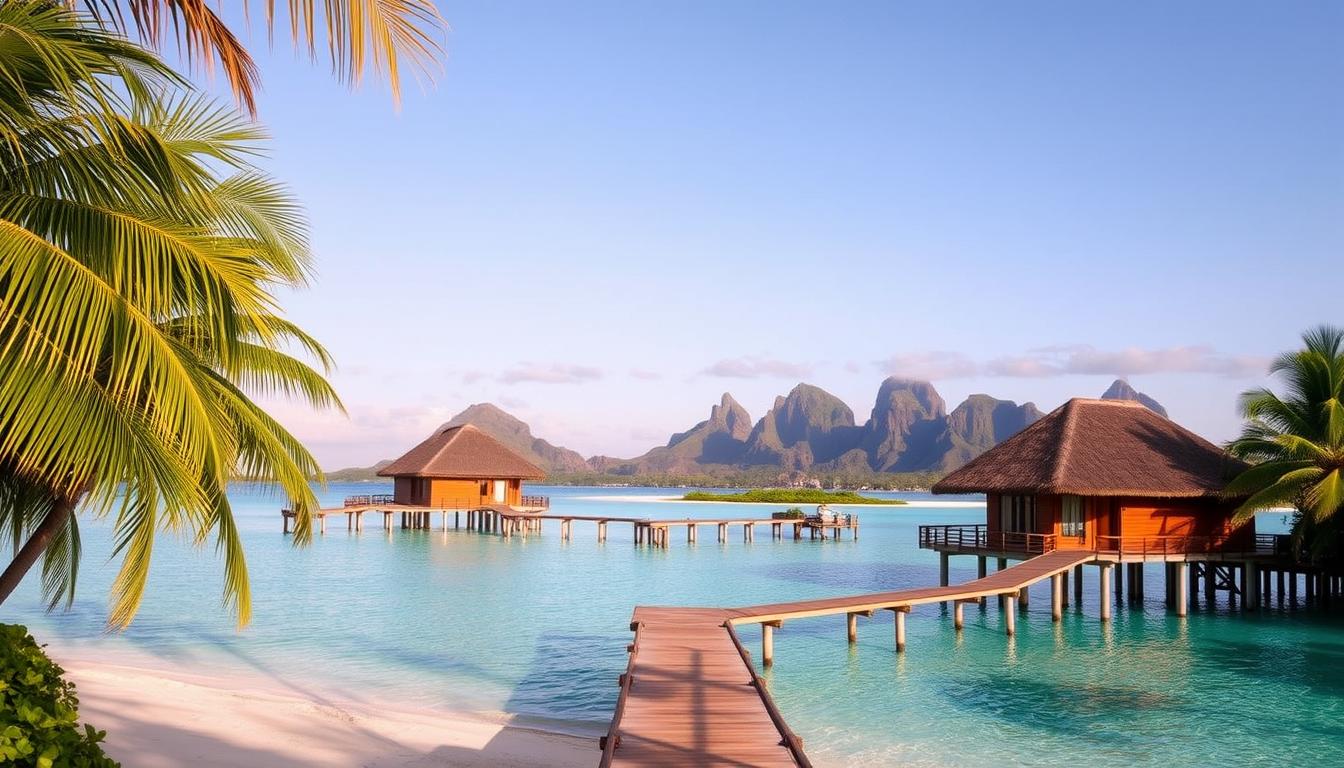 Lush palm trees sway in the gentle Caribbean breeze, casting soft shadows on the pristine white sand beaches of a romantic tropical island resort. In the foreground, a luxurious overwater bungalow reflects in the crystal-clear turquoise waters, inviting couples to indulge in a secluded, intimate getaway. The middle ground features a picturesque private cove, with a wooden dock leading to a tranquil lagoon perfect for swimming and snorkeling. In the background, rugged volcanic peaks rise up, creating a dramatic and serene natural backdrop. The scene is bathed in warm, golden hour lighting, creating a warm, romantic atmosphere perfect for honeymooners and couples seeking a dreamy island escape.