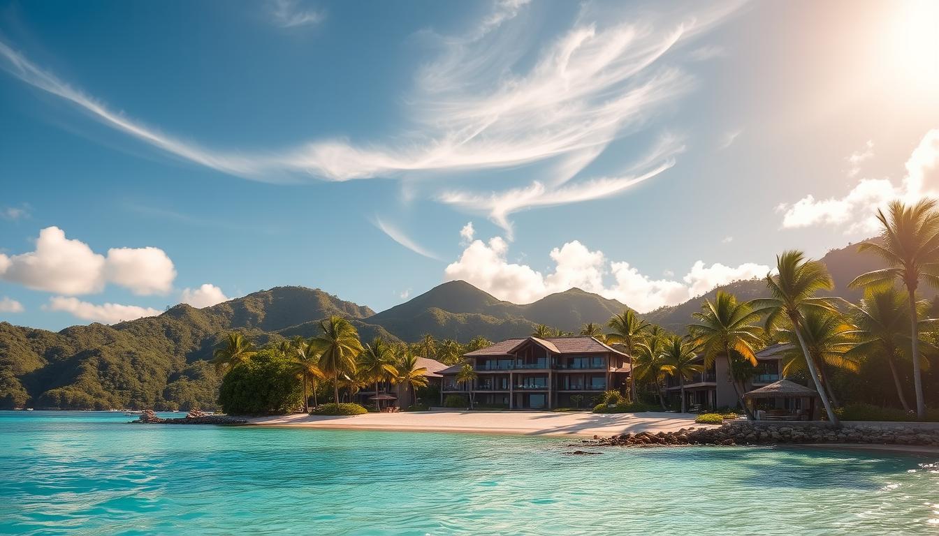 A luxurious Caribbean resort for couples nestled in a pristine tropical paradise. The foreground depicts a picturesque private beach with white sand, swaying palm trees, and a serene turquoise sea. In the middle ground, a modern yet elegant resort building with a thatched roof and panoramic balconies overlooks the tranquil waters. The background features lush, verdant hills and mountains, creating a breathtaking natural backdrop. Warm, golden sunlight filters through wispy clouds, casting a romantic glow over the entire scene. The mood is one of relaxation, indulgence, and undisturbed privacy - the perfect setting for a couples' getaway.