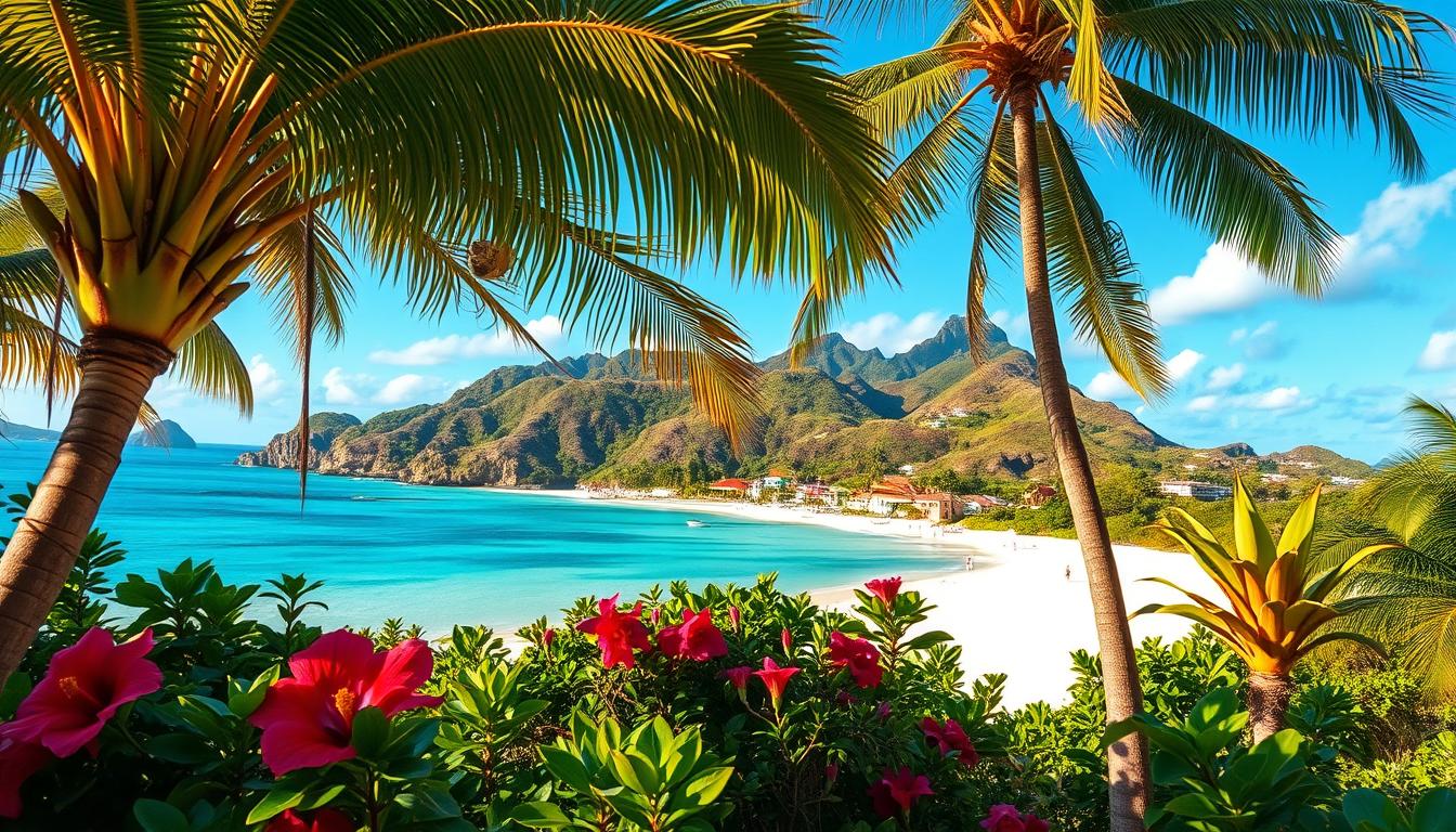A lush Caribbean island paradise, with a picturesque sandy beach stretching out towards crystal-clear turquoise waters. In the foreground, an array of tropical foliage - vibrant palm trees, flowering hibiscus, and exotic flora. The middle ground features a small, charming seaside village with colorful, sun-drenched buildings. In the distance, rugged, verdant hills rise up, creating a dramatic backdrop. The scene is illuminated by warm, golden sunlight, casting a serene, dreamy atmosphere. Captured through a wide-angle lens, this image showcases the diverse natural beauty and inviting character of the Caribbean islands, inspiring wanderlust and a desire to discover the perfect island getaway.