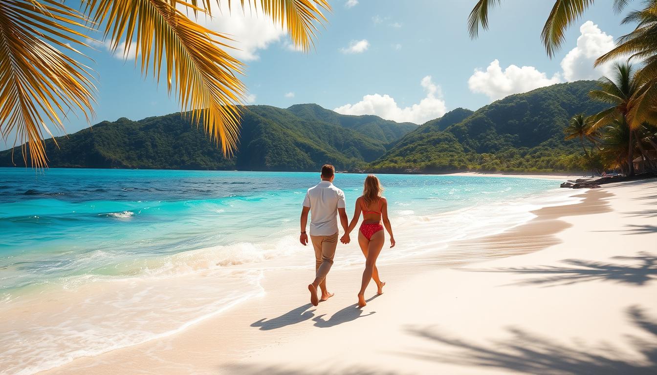 A sun-dappled beach in the Caribbean, with a couple strolling hand-in-hand along the shore. The crystal-clear turquoise waters lap gently against the pristine white sand, framed by swaying palm trees. In the background, lush green hills rise up, creating a serene and picturesque setting. The couple is dressed casually, yet elegantly, capturing the relaxed and romantic atmosphere of their tropical getaway. The lighting is soft and warm, casting a golden glow over the scene, as if it were captured in the golden hour. The composition is balanced and inviting, drawing the viewer in to imagine themselves on this idyllic Caribbean vacation.