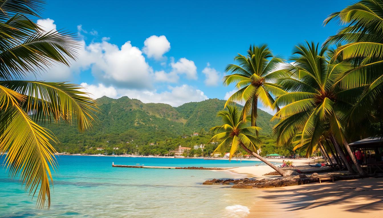 A lush, tropical paradise set against the azure waters of the Caribbean Sea. A sun-drenched beach dotted with swaying palm trees, their fronds casting gentle shadows on the golden sand. In the distance, a quaint seaside village with pastel-colored buildings and vibrant local markets. Lush, verdant hills rise up behind the coastline, cloaked in a tapestry of verdant foliage. Warm, golden light filters through wispy clouds, creating a dreamy, idyllic atmosphere. A tranquil, peaceful scene that captures the essence of a quintessential Caribbean getaway, perfect for first-time visitors to the region.