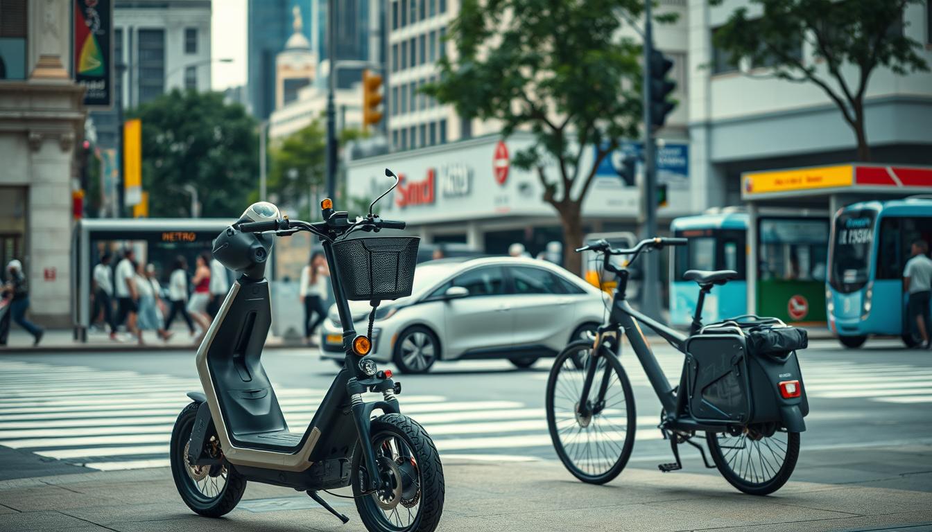 A bustling outdoor scene in a vibrant city, showcasing the diverse transportation options available to digital nomads. In the foreground, a sleek electric scooter and a bicycle with a detachable trailer stand ready for exploration. In the middle ground, a modern rideshare car and a compact electric vehicle zip through the streets, navigating the urban landscape. In the background, a metro station and a bus stop indicate the robust public transit network, catering to the needs of the on-the-go digital nomad. The scene is captured with a Sony A7R IV 70mm lens, using a polarized filter to enhance the crisp, vivid colors and sharp details, creating an atmosphere of energy and mobility.