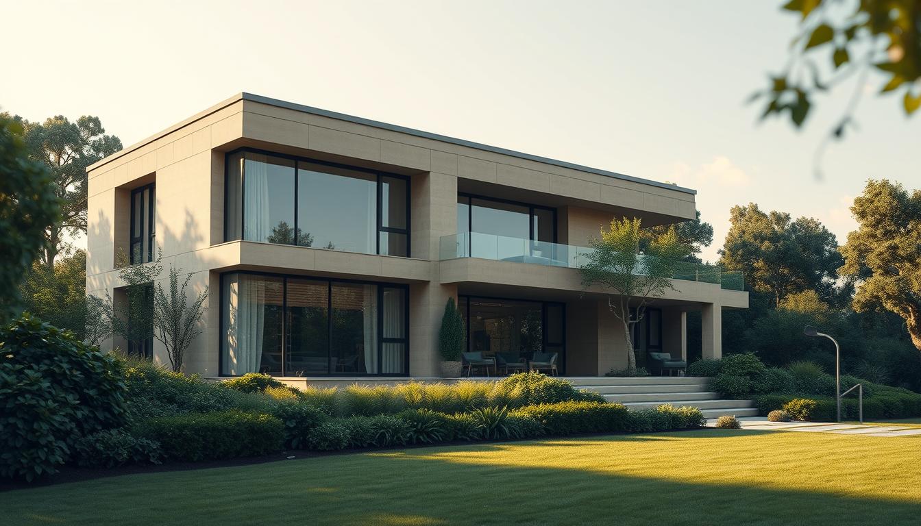 A modern and minimalist architectural rendering of a residential building, showcasing a high-end, luxurious estate. The structure features clean lines, large windows, and a sleek, contemporary design. The facade is adorned with warm, earthy tones, giving it a sense of sophistication and elegance. The property is situated in a lush, verdant landscape, with meticulously manicured gardens and lush foliage surrounding the building. The scene is captured with a Sony A7R IV 70mm lens, using a polarized filter to enhance the depth and clarity of the image. The lighting is soft and diffused, creating a serene and inviting atmosphere, ideal for conveying the idea of avoiding real estate transfer taxes.