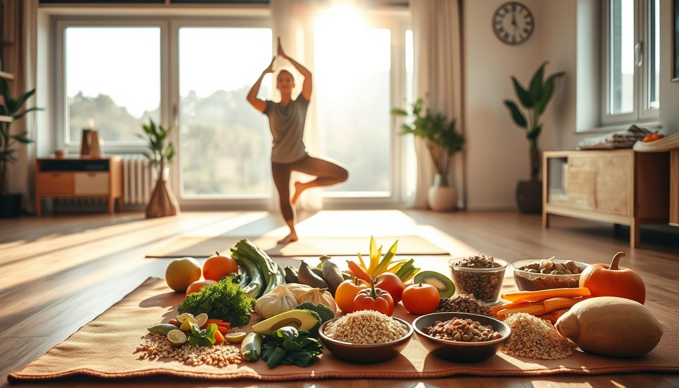 A vibrant scene of a person engaged in various healthy habits, illuminated by warm, natural lighting. In the foreground, the individual is performing a series of yoga poses on a soft, earthy-toned mat, their body radiating calm and focus. In the middle ground, a neatly arranged spread of nutritious whole foods, such as fresh fruits, vegetables, and whole grains, symbolizing a balanced, mindful diet. In the background, a serene, minimalist home setting with large windows allowing in abundant daylight, creating a sense of tranquility and wellness. The overall atmosphere conveys a harmonious integration of physical, mental, and nutritional well-being, embodying the power of discipline in personal growth.