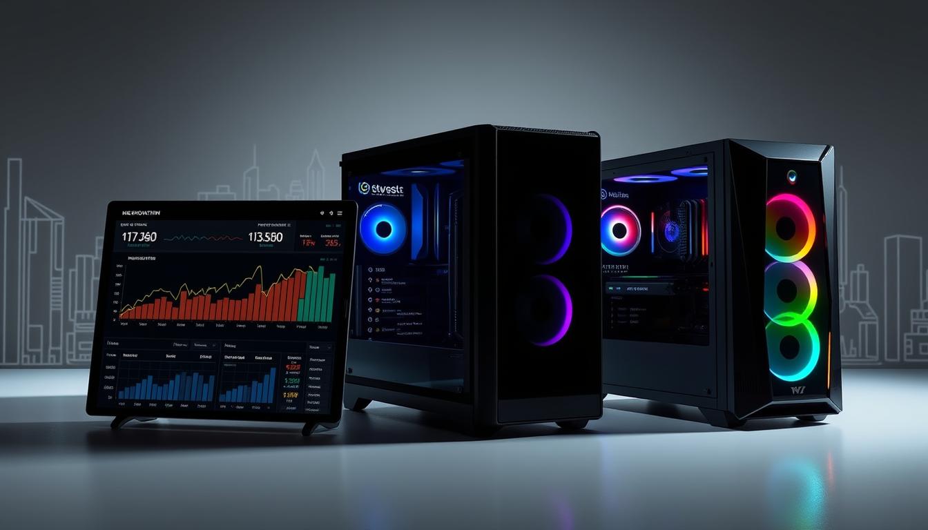 A detailed, side-by-side comparison of performance metrics across leading game engines, showcased on multiple high-end gaming PCs. In the foreground, a sleek, minimalist dashboard displays real-time frame rates, CPU/GPU utilization, and other key benchmarks for each engine. In the middle ground, three state-of-the-art gaming rigs stand ready, their RGB-illuminated cases casting a soft glow. The background features a stylized, wireframe cityscape, hinting at the complex, optimized worlds these engines can create. Dramatic studio lighting casts dramatic shadows, emphasizing the technical prowess on display. An aura of precision, power, and potential permeates the scene, capturing the essence of how game engines shape the PC gaming experience.
