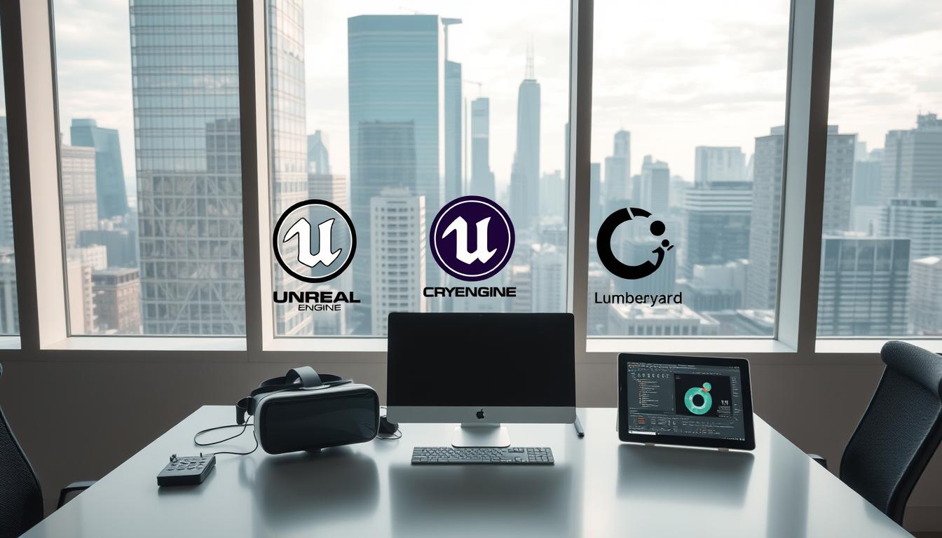 A pristine, modern office setting with large windows overlooking a bustling city skyline. On the desk, various game engine logos are prominently displayed - Unity, Unreal Engine, CryEngine, Lumberyard, and Godot. The desk is well-organized, with a sleek computer setup, a VR headset, and a tablet showcasing game development software. Soft, directional lighting creates a professional, technological atmosphere. The camera angle is slightly elevated, giving a comprehensive view of the desk and its contents. The overall scene conveys the power and versatility of the top game engines driving today's most popular PC games.