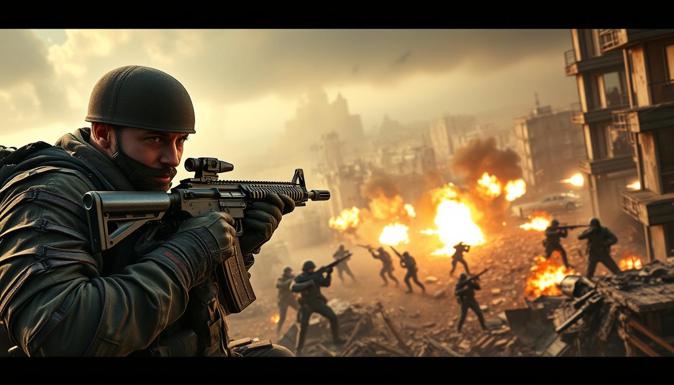 A squad of heavily armed special forces operators engage in a high-stakes battle in a gritty, urban setting. The foreground features a close-up view of a soldier in tactical gear wielding an assault rifle, with a determined expression on their face. In the middle ground, chaos erupts as multiple combatants exchange intense gunfire, taking cover behind debris and crumbling buildings. The background reveals a sprawling cityscape, shrouded in the hazy glow of flares and explosions, creating a tense, cinematic atmosphere. Dramatic lighting casts sharp shadows and highlights the rugged, weathered textures of the environment, heightening the sense of realism and immersion. The scene conveys the intensity and strategic nature of a tactical shooter battle royale.