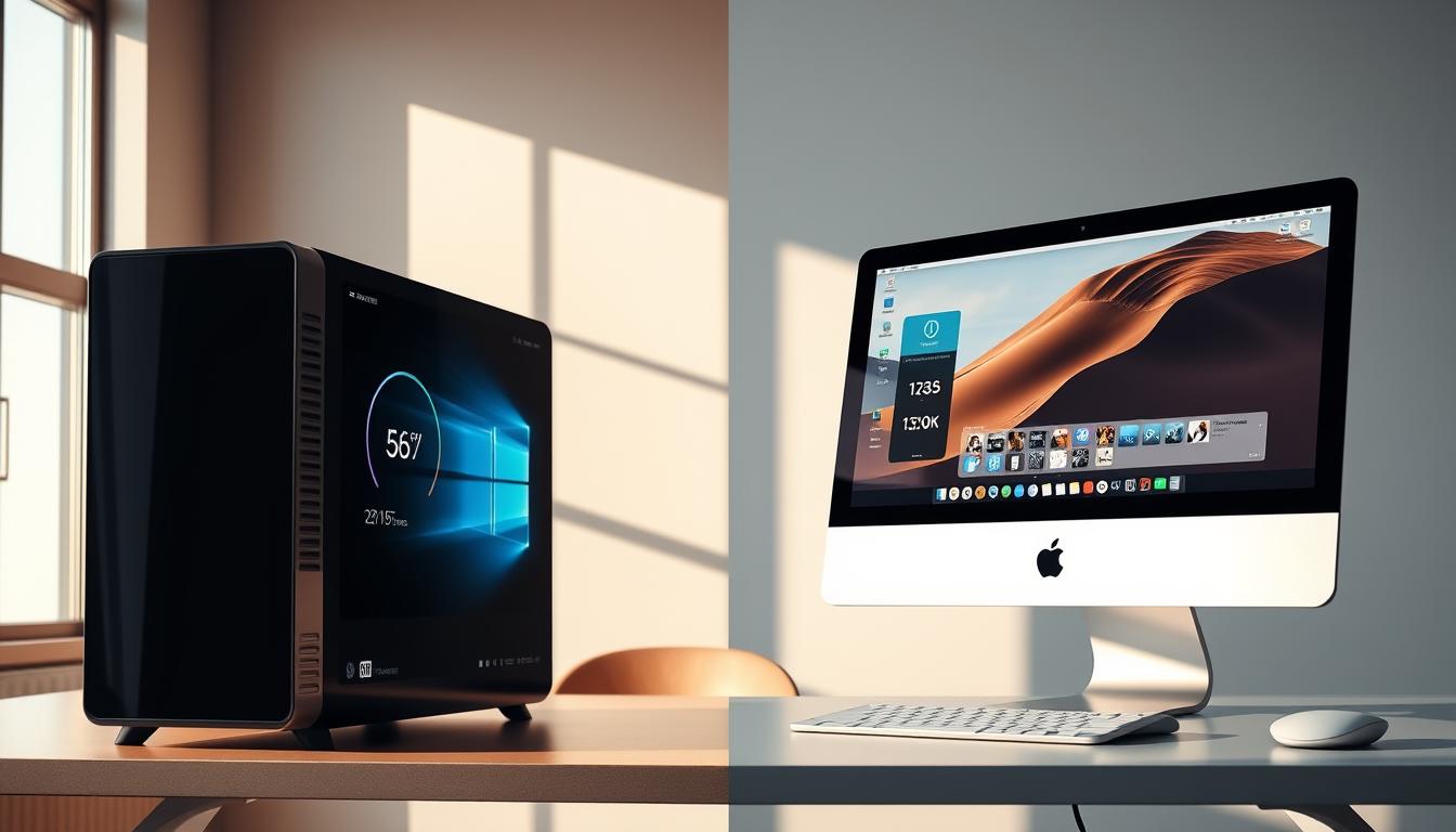A photorealistic side-by-side comparison of a Windows and a Mac computer, showcased on a sleek, minimalist office desk under natural, warm lighting. The Windows machine on the left features a modern tower design with a glossy black finish, while the Mac on the right is an elegant, silver-colored iMac. Both displays show dynamic performance metrics, with the Windows side highlighting high frame rates and CPU utilization, and the Mac side showcasing smooth, efficient multitasking. The contrast between the two systems is clear, inviting the viewer to ponder the merits of each operating system in a professional, analytical manner.