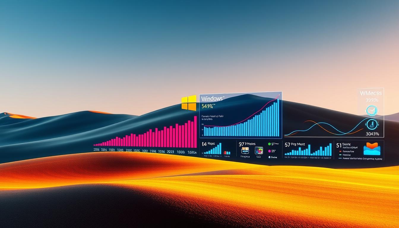 An expansive digital landscape showcasing the market share data of Windows and Mac operating systems. A sleek, minimalist design with clean typography and bold infographic visualizations. Vibrant colors and crisp lines depict the relative dominance of each platform, presented in a clear and compelling manner. The scene is illuminated by a warm, directional lighting that casts subtle shadows, enhancing the depth and dimensionality of the data visualization. The overall aesthetic is modern, data-driven, and visually striking, drawing the viewer's attention to the key insights about the Windows versus Mac market share.