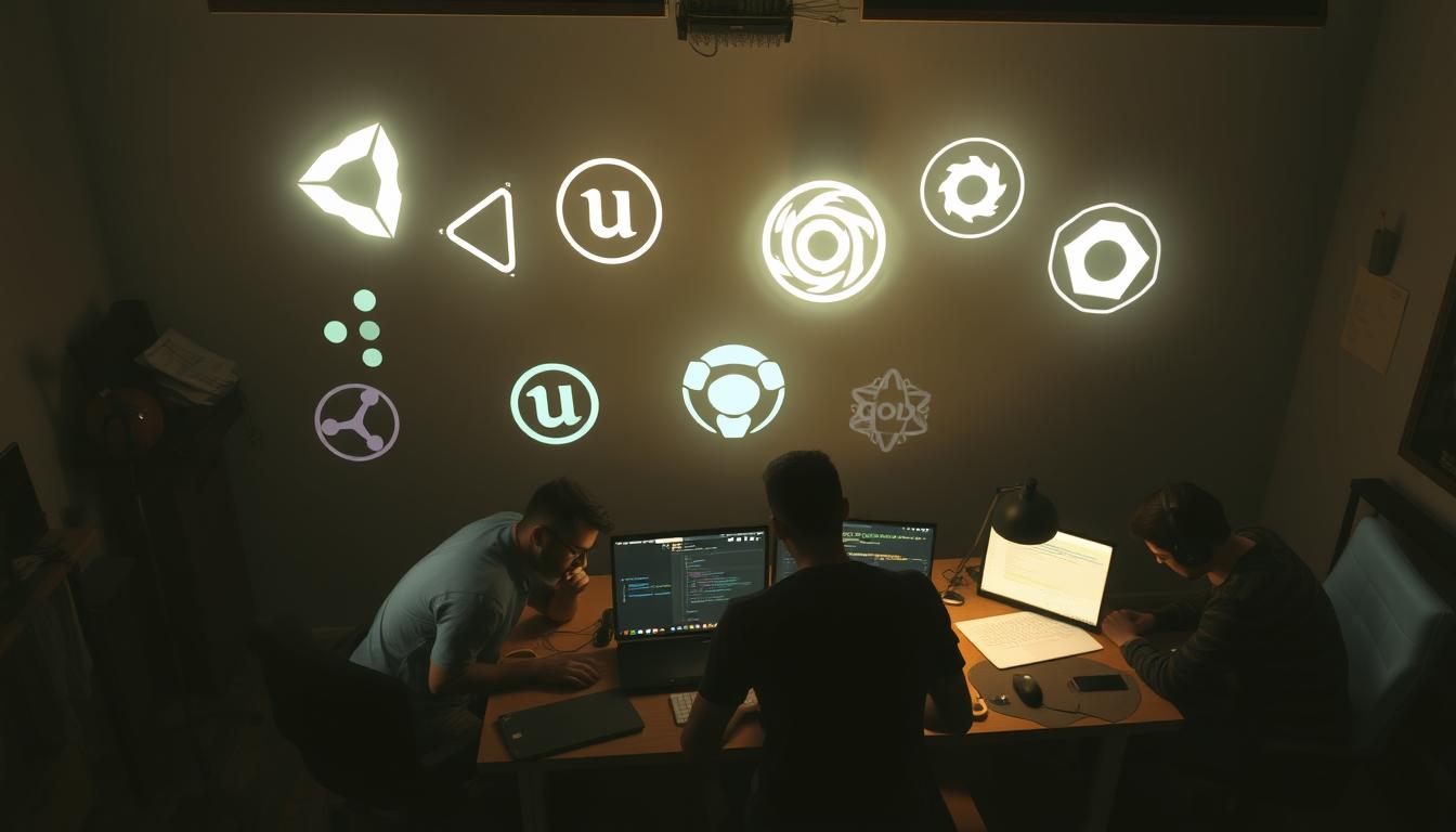A small indie game studio, its developers huddled around a desk, analyzing the code and visual assets of their latest project. In the background, various game engine logos - Unity, Unreal, Godot, and more - hover in a semi-transparent ethereal plane, casting a soft glow onto the scene. The lighting is a warm, muted tone, creating an atmosphere of focused creativity and problem-solving. The camera angle is slightly elevated, giving a birds-eye view of the workspace, emphasizing the intimate, collaborative nature of indie game development.