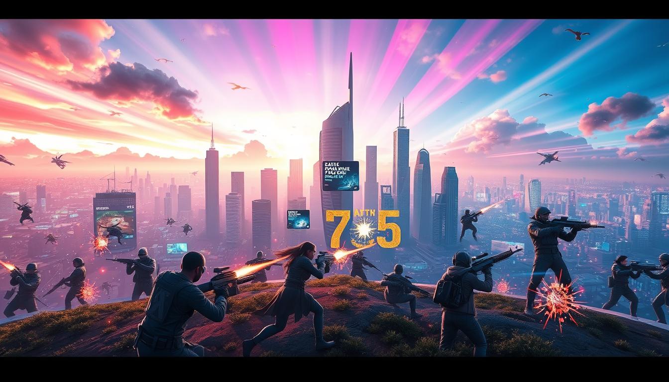 a highly detailed, cinematic, and futuristic landscape depicting several new and innovative battle royale games for Android devices. The foreground shows various game characters and avatars engaged in intense combat, with advanced weaponry, abilities, and dynamic particle effects. The middle ground features a sprawling city skyline with towering skyscrapers, neon-lit billboards, and a glimpse of a holographic display showcasing the latest game updates. The background is dominated by a vibrant, cyberpunk-inspired sky with striking color gradients, rays of light, and a sense of technological progress. The overall scene conveys a sense of excitement, innovation, and the evolution of the battle royale genre on mobile platforms.