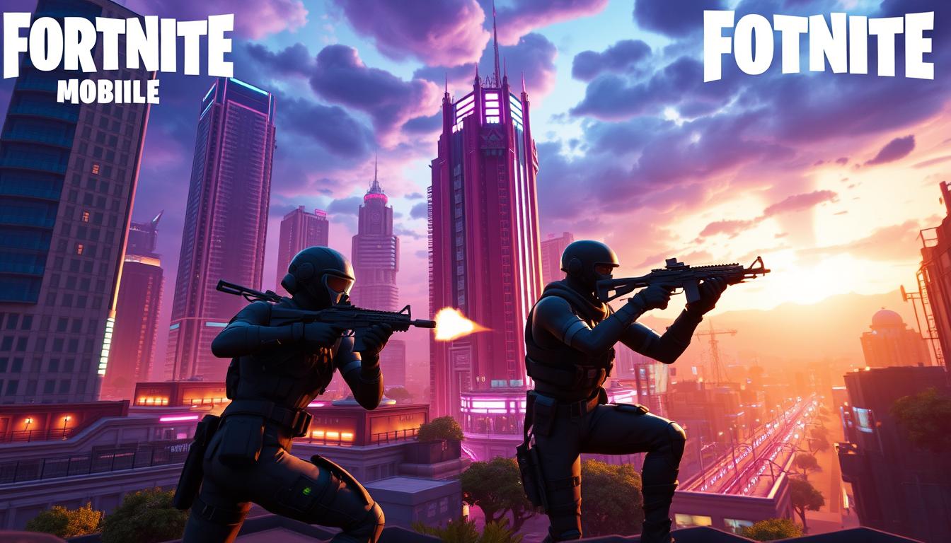 Fortnite Mobile: a vibrant, dynamic battle royale scene set in a futuristic urban landscape. The foreground features two players in full combat gear, wielding advanced weaponry and building structures mid-battle. Towering skyscrapers and neon-lit streets fill the middle ground, while the background showcases a dramatic evening sky with an ominous storm on the horizon. Cinematic lighting casts dramatic shadows, highlighting the intensity of the firefight. The overall mood is one of high-stakes action and technological prowess, capturing the essence of Fortnite's evolution on mobile platforms in the year 2025.