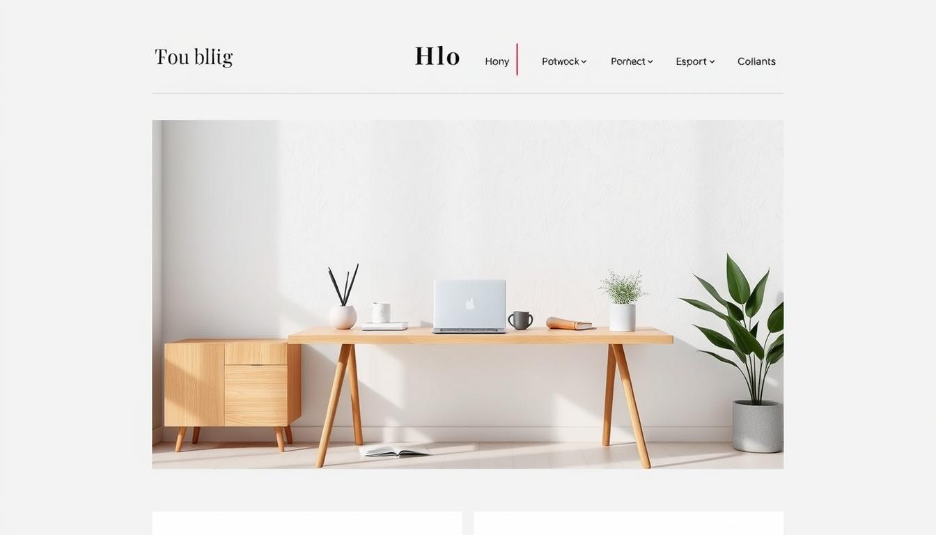 A stylish and modern blog template design with a clean, minimalist layout. Prominent hero section featuring a large, high-quality image of a sleek, contemporary office workspace with wooden desk, potted plants, and modern office accessories. Balanced use of negative space and subtle textures create a premium, professional aesthetic. Striking color palette of neutral grays, whites, and natural wood tones. Elegant typography with clear hierarchy and readability. Subtle use of geometric shapes and lines to frame content. Responsive, mobile-friendly design with crisp, high-resolution graphics. Sophisticated, on-trend design that captivates the viewer and showcases the blog's content in an elevated, visually appealing manner.