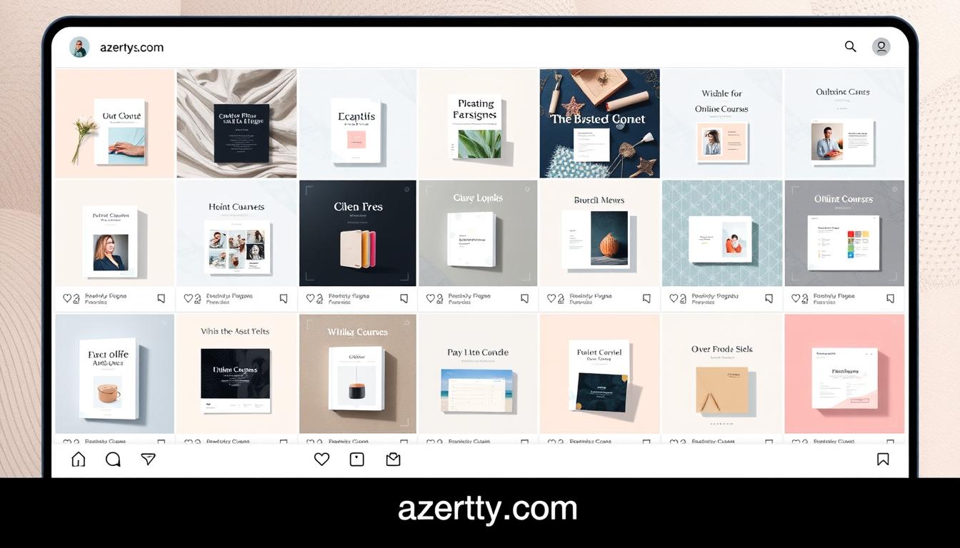 A beautifully curated collection of digital products on an Instagram feed, showcasing a range of visually-compelling, high-quality items from the azertys.com brand. The foreground features an assortment of elegantly-designed digital assets, such as e-books, online courses, and digital templates, all presented in a clean, minimalist aesthetic. The middle ground showcases the Instagram feed layout, with a grid of product images and captions that highlight the diverse offerings. The background incorporates soft, pastel hues and subtle patterns that evoke a sense of sophistication and professionalism, complementing the digital nature of the products. The overall scene radiates a visually-appealing and aspirational atmosphere, inviting the viewer to explore the digital wares available on the azertys.com Instagram page.
