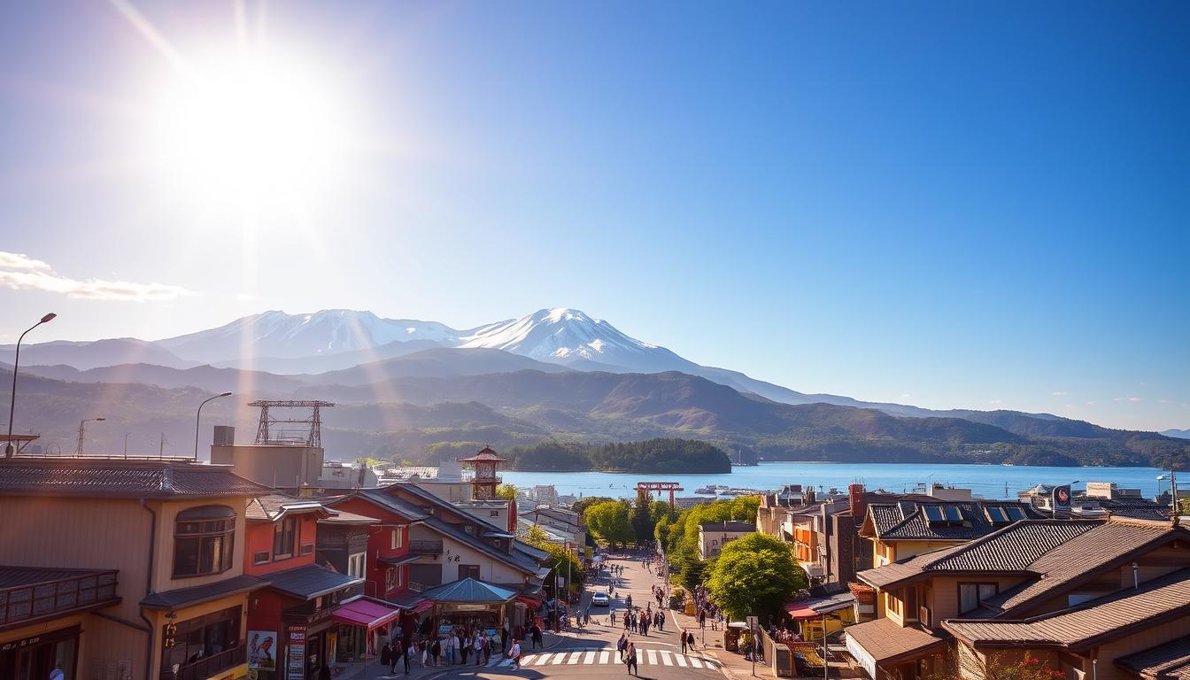 A bustling city skyline of Hokkaido, Japan, under a warm summer sun. In the foreground, vibrant city streets lined with traditional architecture and local shops, people milling about. In the middle ground, towering snow-capped mountains rise majestically, their slopes dotted with lush, verdant forests. The background features a calm, azure lake reflecting the mountainous landscape. Warm, golden lighting illuminates the scene, creating a serene and inviting atmosphere. Crisp, detailed textures and a sense of depth and scale capture the essence of this popular Hokkaido destination.