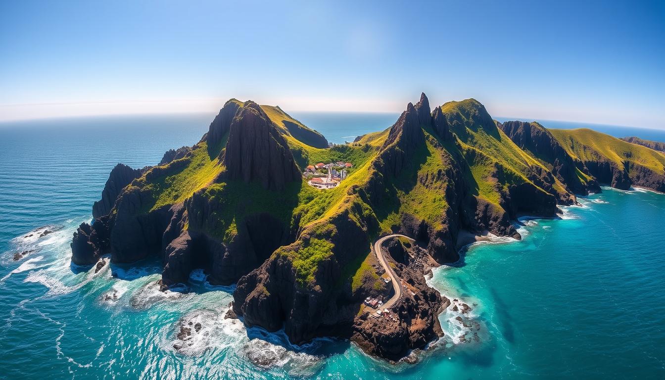 Pantai Shakotan and Kamui Cliffs, Hokkaido, Japan. A breathtaking coastal landscape under a warm summer sun. In the foreground, pristine turquoise waters lap against rugged, steeply-sloping cliffs of volcanic basalt. Towering columns of dark rock rise dramatically from the sea, their jagged edges softened by lush, verdant vegetation. In the middle distance, a small fishing village nestles amongst the cliffs, its traditional buildings and boats creating a picturesque scene. The background is dominated by the vast, hazy expanse of the Pacific Ocean, stretching to the horizon. An overall mood of tranquility and natural wonder, captured with a wide-angle lens to emphasize the grand scale of this coastal paradise.