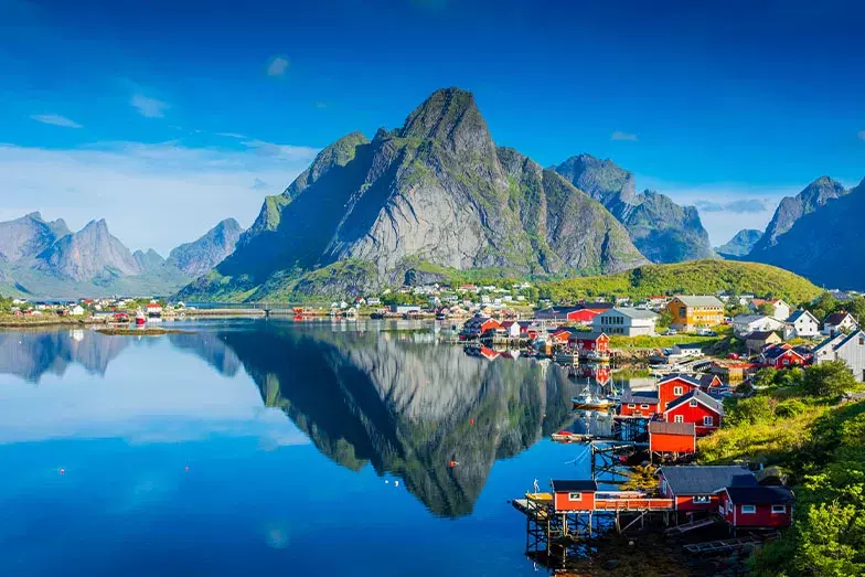 A Norwegian village surrounded by the sea and stunning Norwegian Mountain tops