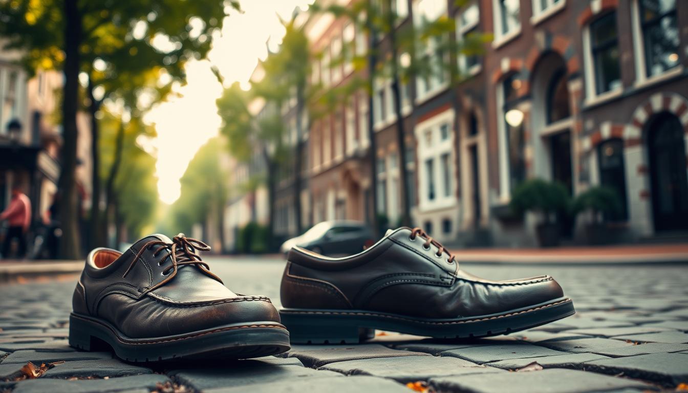 A pair of comfortable, worn-in walking shoes stand on a cobblestone street in the heart of Amsterdam. The shoes, a classic leather oxford style, have a well-cushioned sole and subtle detailing that complements the historic architecture surrounding them. Warm, diffused natural light filters through the trees lining the street, casting a soft glow on the scene. In the background, the facades of centuries-old buildings, with their intricate brick and stone work, create a charming, timeless ambiance. The overall mood is one of effortless exploration, inviting the viewer to imagine strolling through the city's winding alleys and discovering its hidden gems.