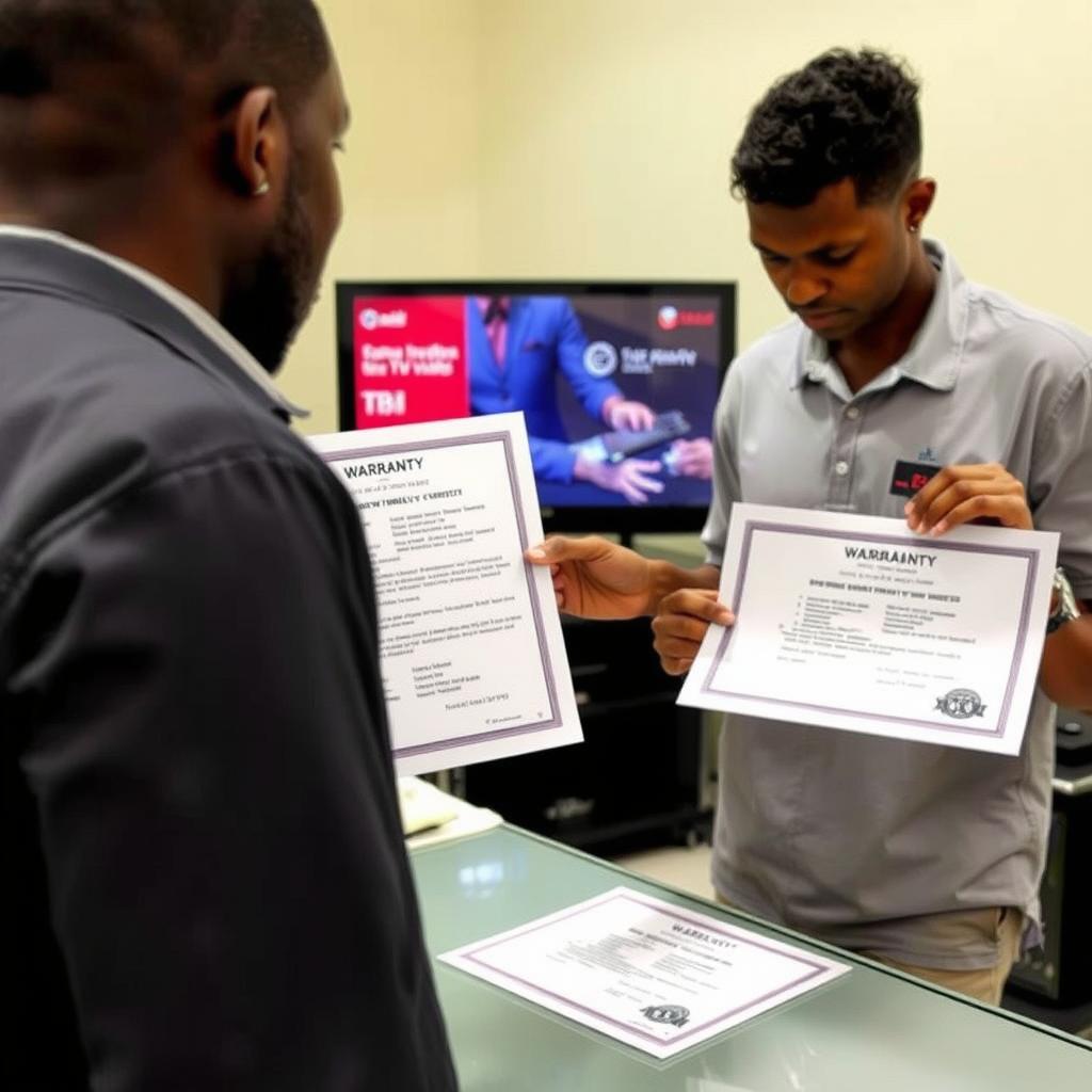 TV repair warranty certificate being issued in a Nairobi repair shop