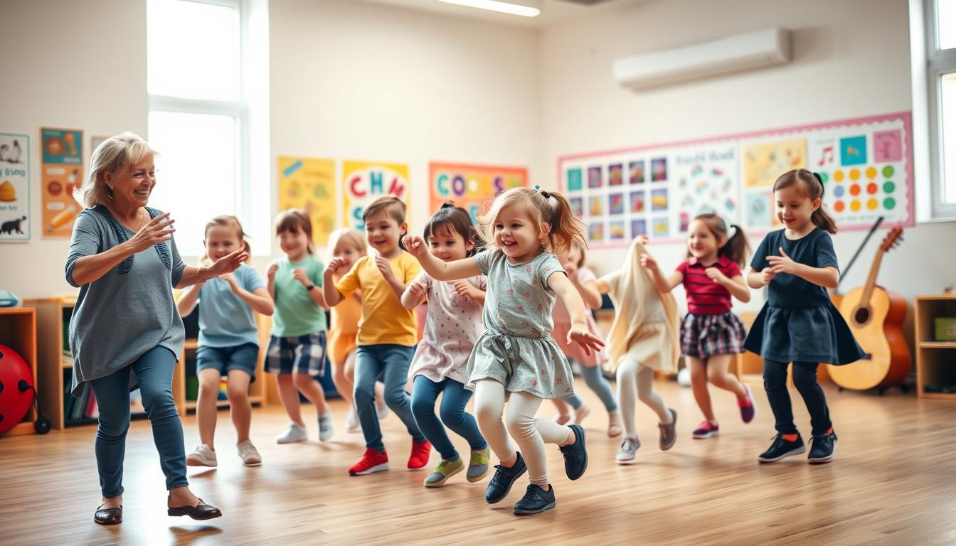 A vibrant, warm-lit classroom setting with a group of young children intently engaged in a lively music and movement session. In the foreground, a smiling teacher guides the kids through energetic dance moves, their limbs swaying to the upbeat tempo. The middle ground showcases the children, their faces alight with joy as they leap and twirl, their small bodies in perfect sync. In the background, colorful educational posters and instruments adorn the walls, creating a nurturing, stimulating environment. Soft, diffused lighting casts a gentle glow, evoking a sense of wonder and discovery. Beautyquester | Health Beauty