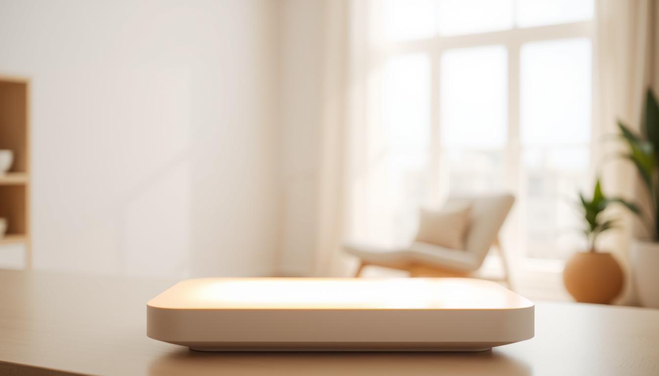 A sunlit room with a large window, soft diffused lighting streaming in. In the foreground, a sleek modern device resembling a lamp or light panel, its smooth surface emanating a warm, calming glow. The middle ground features a comfortable chair or daybed, inviting the viewer to relax and bask in the soothing light. The background blurs softly, suggesting a tranquil, minimalist interior design. The overall atmosphere is one of serenity, comfort, and mood-enhancing technology.
