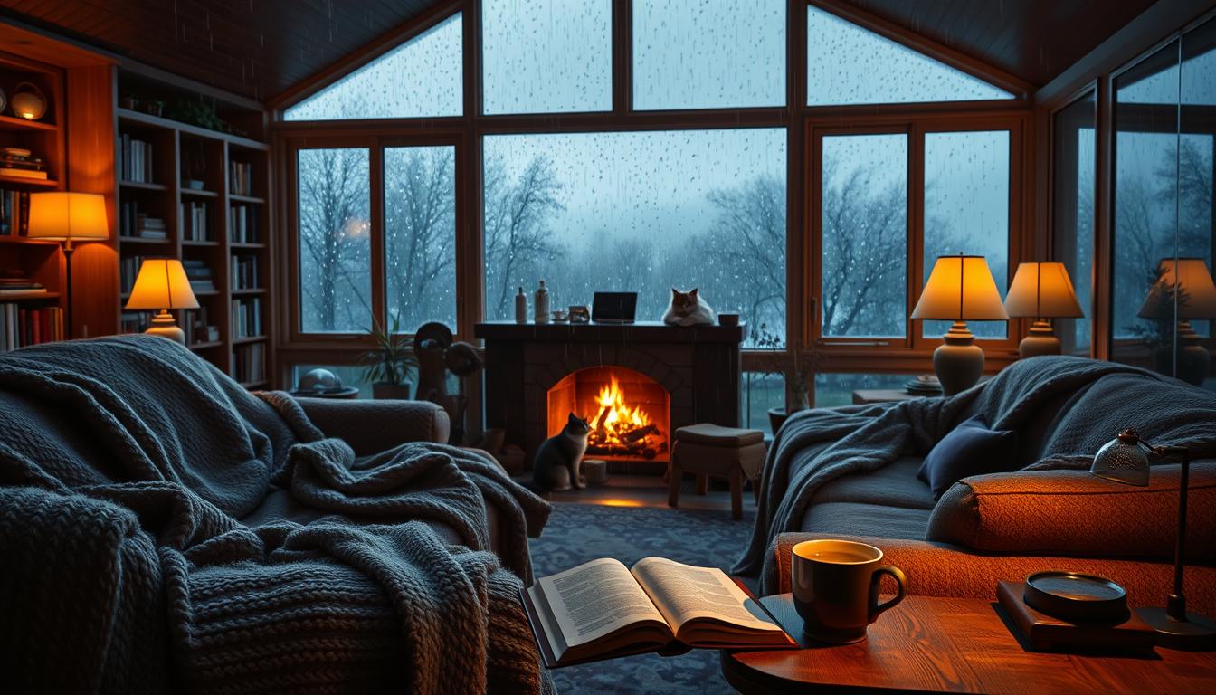 Cozy indoor environment on a rainy day: a dimly lit living room with plush, oversized furniture, soft throw blankets, and a crackling fireplace. Large windows with rain-streaked glass provide a view of the gloomy, gray outdoors. Warm, ambient lighting from table lamps and a flickering fire create a soothing, tranquil atmosphere. Bookshelves line the walls, and a steaming mug of tea sits on a wooden side table. An open book and a couple of cat companions add to the sense of comfort and relaxation on this rainy afternoon.