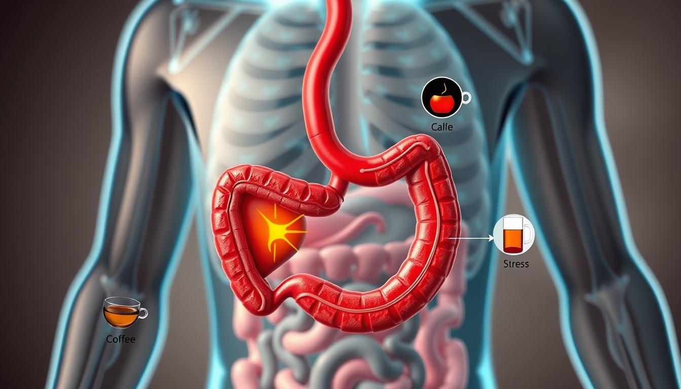 Beautyquester | Health Beauty A highly detailed medical illustration depicting the common causes of heartburn. In the foreground, an anatomical cross-section of the esophagus and stomach, showcasing the gastroesophageal junction and the flow of stomach acid up the esophagus. In the middle ground, a series of lifestyle factors that contribute to heartburn, such as a heavy meal, coffee, alcohol, and stress. In the background, an artistic representation of the human digestive system, with subtle color tones and a sense of medical precision. Rendered in a hyper-realistic style with precise lighting, depth of field, and attention to anatomical accuracy to convey the subject matter with clarity and authority.