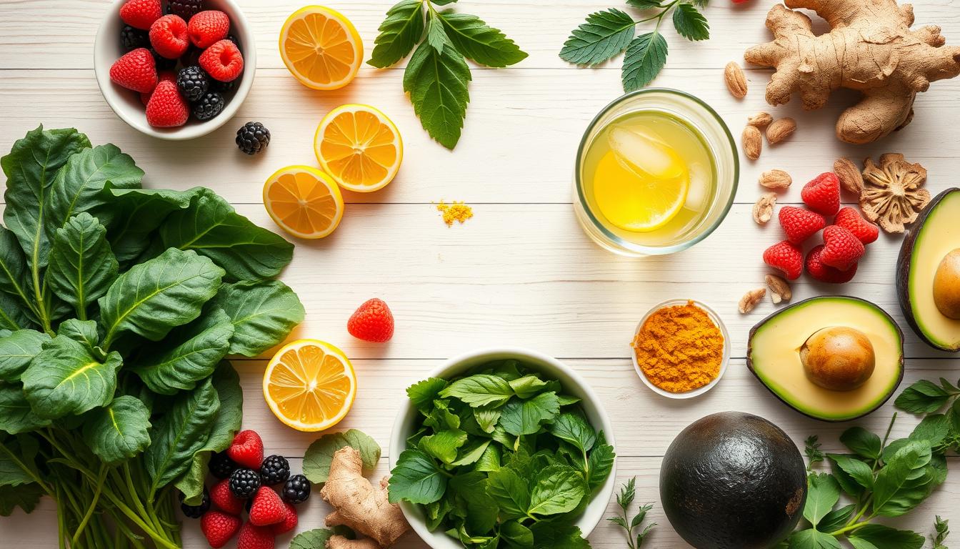 7-Day Healthy Eating Challenge for Natural Detox Colorful array of detox-friendly foods including leafy greens, berries, lemon water, and nuts for the 7-Day Healthy Eating Challenge