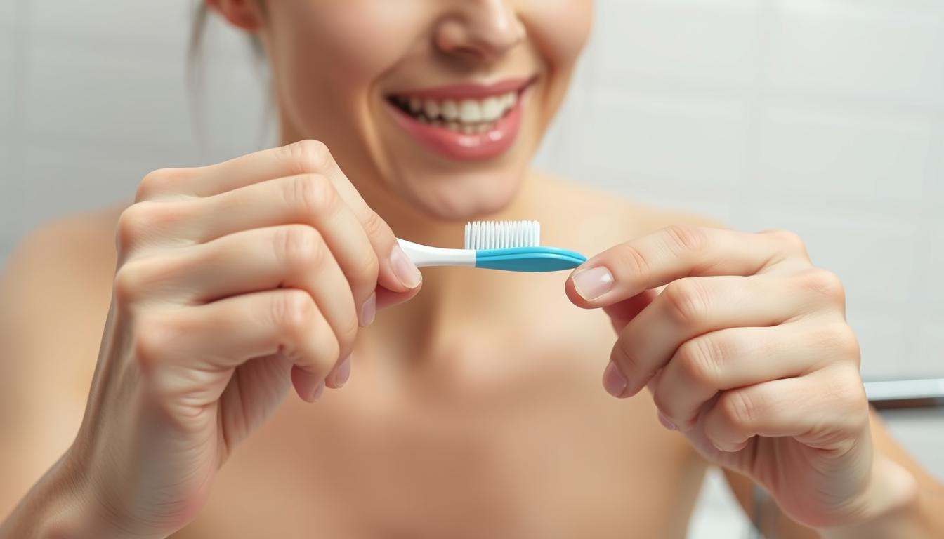 A well-lit, closeup view of a person's hands intently brushing their teeth with a manual toothbrush, demonstrating proper oral hygiene technique. The brushing motion is crisp and deliberate, with the person's face out of frame to keep the focus on the hands. The background is a clean, minimalist bathroom setting with subway tile walls and a porcelain sink basin. The lighting is bright and even, accentuating the texture of the toothbrush bristles and the person's skin. The overall mood is one of concentration and attention to detail, conveying the importance of thorough, daily oral care for optimal health.