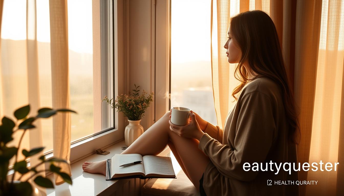 A serene morning scene with a young woman sitting on a windowsill, holding a mug of steaming tea and gazing out at the tranquil landscape beyond. The room is bathed in warm, natural light filtering through the sheer curtains. On the sill, a journal and pen lie open, ready for her to pen her daily affirmations. The décor is simple yet elegant, with touches of greenery and minimalist décor that cultivate a sense of calm. The overall mood is one of introspection, positivity, and a feeling of being grounded and present. In the lower right corner, the Beautyquester | Health Beauty logo is subtly displayed.