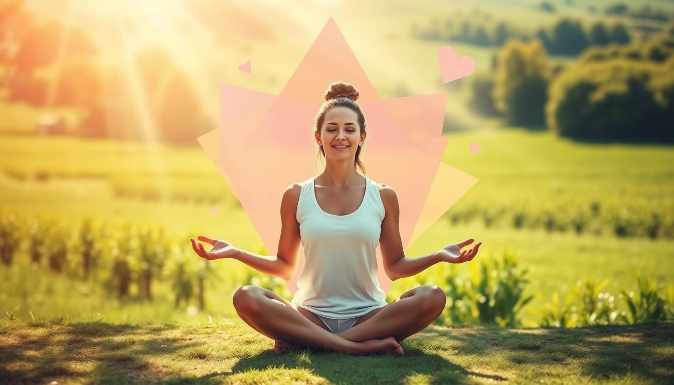 Positive affirmations of self-love and empowerment fill a vibrant, sun-dappled scene. In the foreground, a serene female figure sits cross-legged, hands open in a gesture of acceptance, surrounded by a soft, warm light. Layered behind her are whimsical, pastel-hued geometric shapes, representing the power of affirmative thoughts. In the background, a lush, verdant landscape stretches out, conveying a sense of growth and abundance. The overall mood is one of tranquility, joy, and self-belief. Beautyquester | Health Beauty