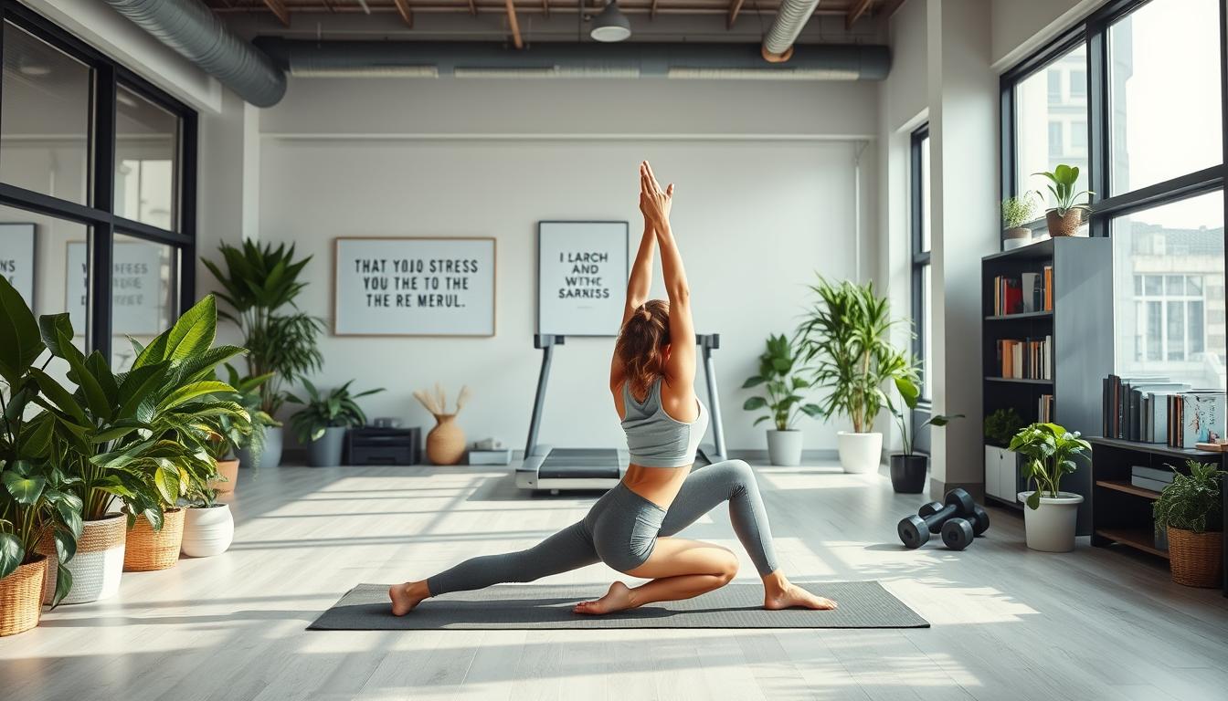 Beautyquester | Health Beauty A serene office setting, with a person doing yoga poses on a mat in the foreground, surrounded by plants and natural decor. Soft, diffused lighting filters through large windows, creating a calming atmosphere. In the middle ground, a treadmill and free weights suggest various physical exercise options. The background features motivational artwork and a bookshelf with titles on mindfulness and stress management. The overall scene conveys a harmonious balance between work and well-being, showcasing the power of physical activity as an effective stress relief technique.