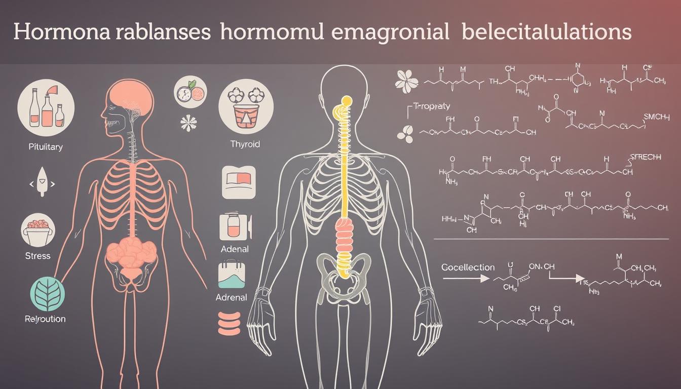 Beautyquester | Health Beauty A detailed medical illustration showcasing the common causes of hormonal imbalance. In the foreground, a detailed diagram of the human endocrine system, with the pituitary, thyroid, adrenal, and reproductive glands highlighted. In the middle ground, icons representing lifestyle factors such as stress, diet, and sleep disruption. In the background, a series of molecular structures and chemical equations illustrating the biochemical processes underlying hormonal regulation. The image has a muted, scientific color palette with strategic use of warm and cool tones. The lighting is diffused and shadowless, creating a sense of clinical objectivity. The composition is well-balanced, drawing the viewer's eye through the layers of information.