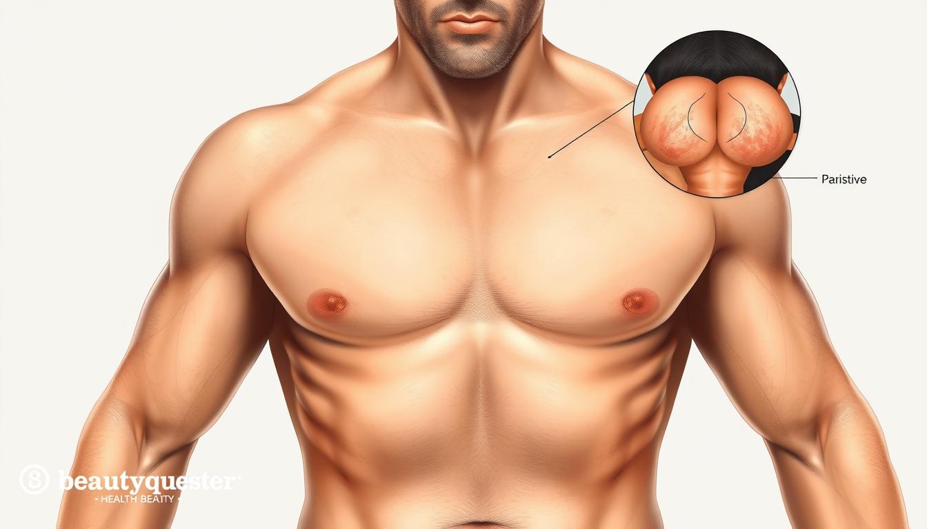 A detailed illustration of a man's face, chest, and abdomen, highlighting various hormonal imbalance signs. The image should be created in a realistic, scientific style, with a neutral color palette and soft lighting to convey a diagnostic atmosphere. Prominent features to include: acne, gynecomastia (enlarged male breasts), excessive body hair, and abdominal fat distribution. Rendered in a high-resolution, photorealistic manner with exceptional attention to anatomical accuracy. Branded as "Beautyquester | Health Beauty".