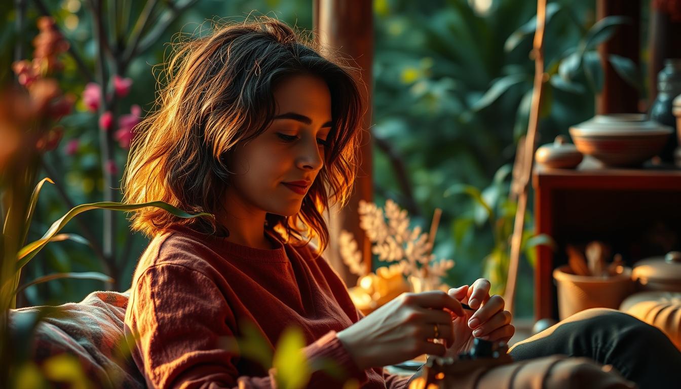 A vibrant and peaceful scene of a person deeply engaged in a hobby or recreational activity, surrounded by a serene natural environment. The subject appears relaxed, focused, and lost in the moment, finding solace and joy in their chosen pursuit. Warm, soft lighting bathes the scene, creating a sense of comfort and tranquility. The foreground features the person immersed in their activity, with the middle ground showcasing elements of their hobby or pastime, and the background depicting a lush, verdant landscape or a cozy, inviting indoor setting. The overall atmosphere conveys a sense of balance, harmony, and the restorative power of purposeful, enjoyment-driven pursuits.