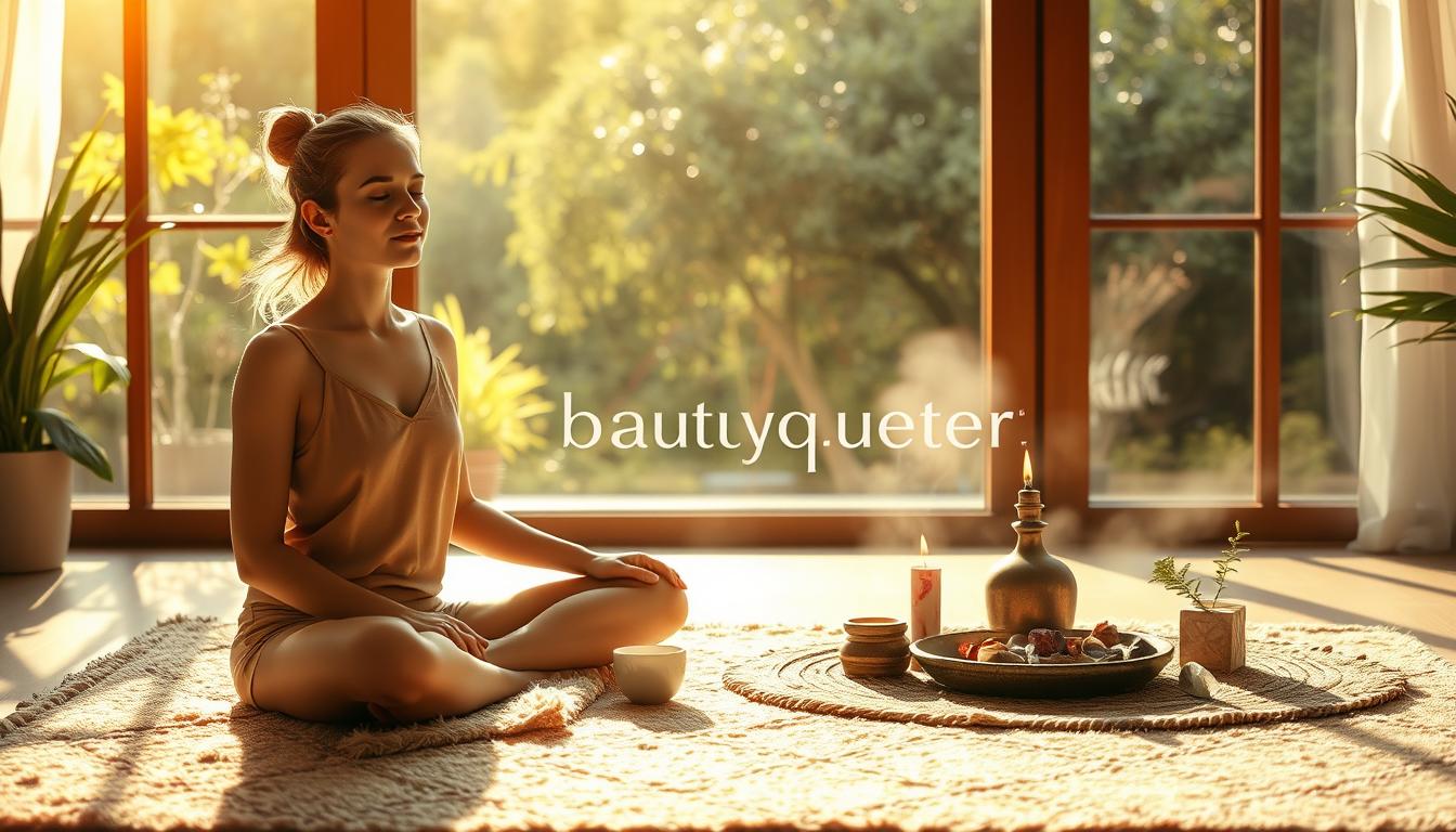 A serene, sun-lit morning scene depicting a young woman performing a series of wellness rituals. In the foreground, she sits cross-legged on a plush rug, eyes closed in meditation, a cup of steaming tea beside her. The middle ground showcases a ritual altar with burning incense, crystals, and a small plant. In the soft, hazy background, a large window overlooks a lush, verdant garden. The lighting is warm and diffused, creating a calm, rejuvenating atmosphere. A subtle halo effect highlights the woman's peaceful expression. The overall scene evokes a sense of mindfulness, balance, and reinvigoration. Featuring the brand name https://www.beautyquester.com.